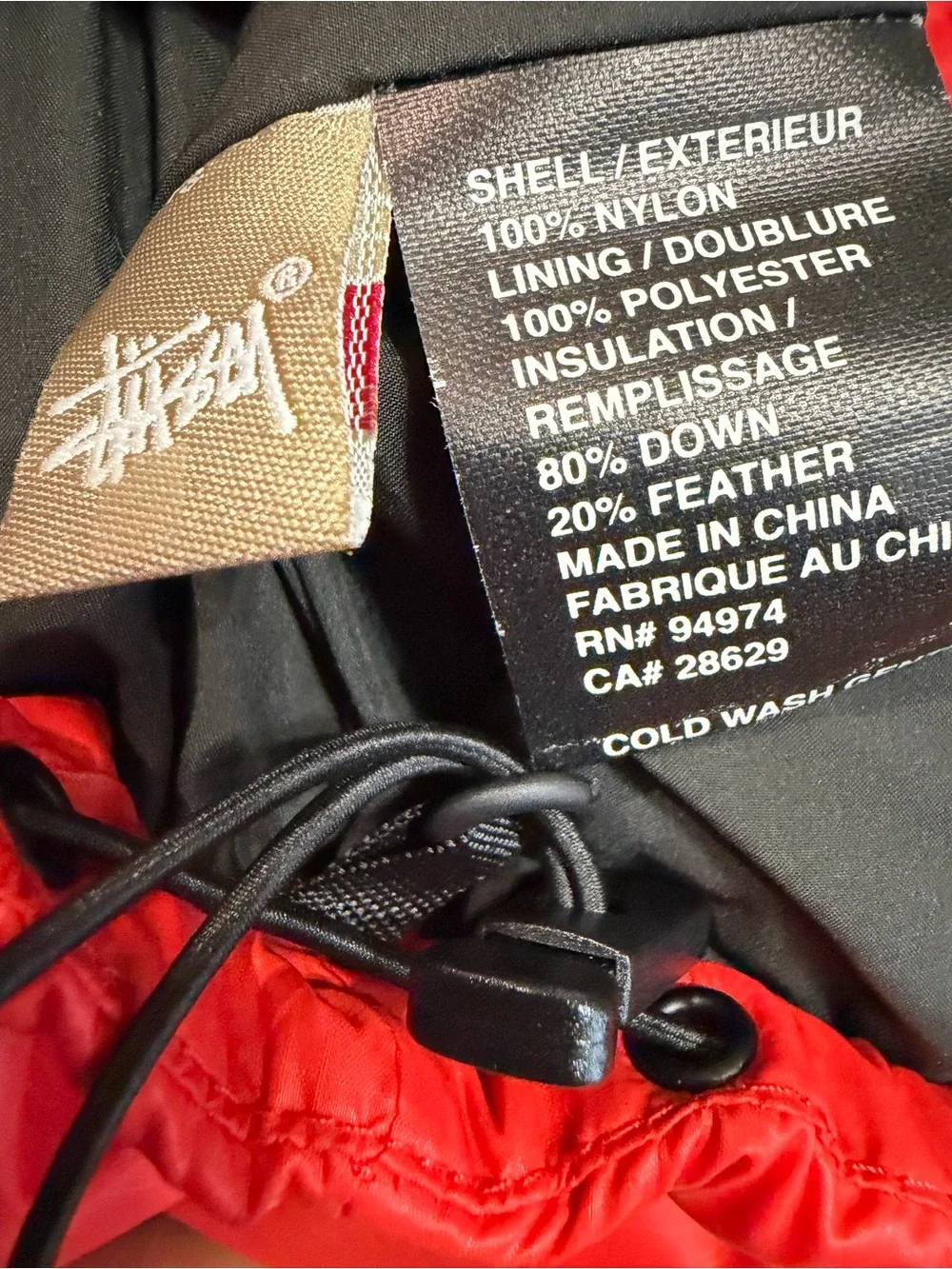 Stussy Men’s Red Hooded Puffer Jacket Insulated Winter Coat